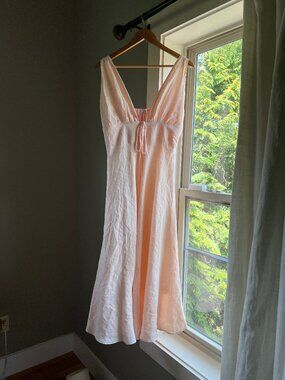 Pink Linen Maxi Dress Deep V Plunge Tie Front Summer Dress M